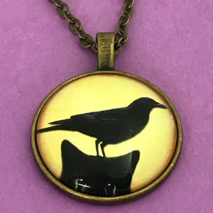 Raven on Cat Head Bronze Pendant Necklace